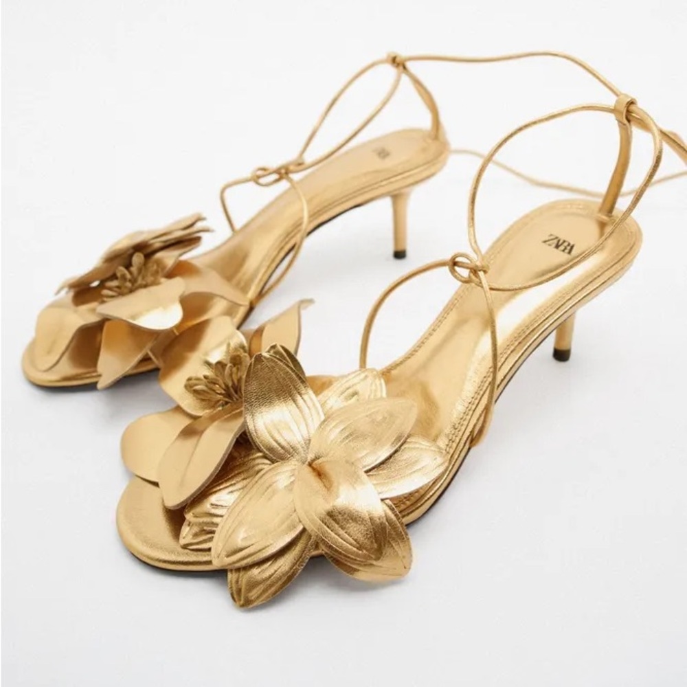 Zara gold floral wrap heel